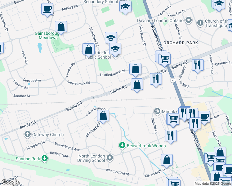 map of restaurants, bars, coffee shops, grocery stores, and more near 600 Sarnia Road in London