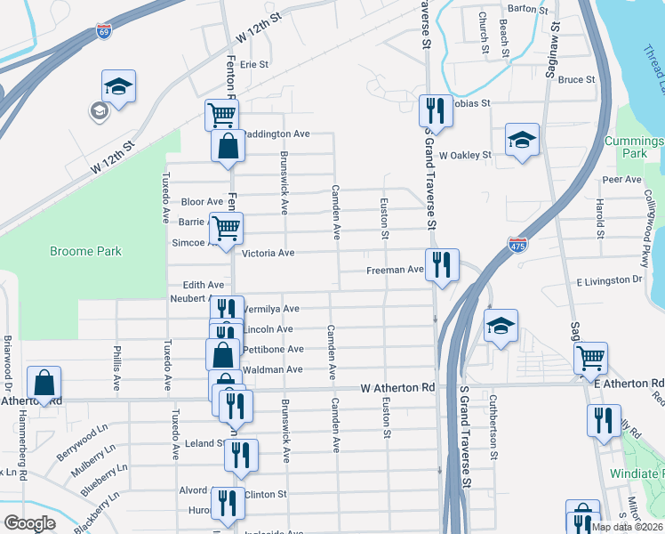 map of restaurants, bars, coffee shops, grocery stores, and more near 3119 Camden Avenue in Flint