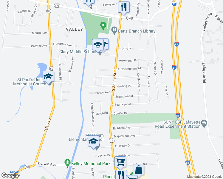 map of restaurants, bars, coffee shops, grocery stores, and more near 5312 South Salina Street in Syracuse