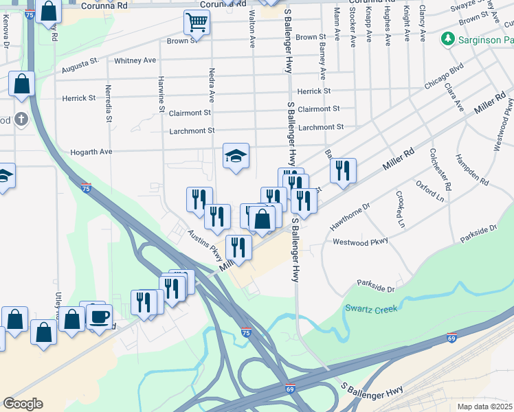 map of restaurants, bars, coffee shops, grocery stores, and more near 3064 Miller Road in Flint