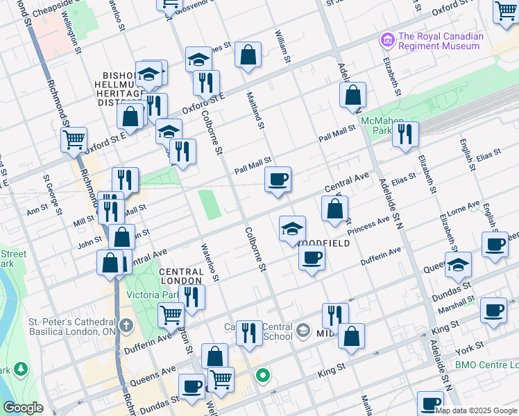 map of restaurants, bars, coffee shops, grocery stores, and more near 420 Central Avenue in London