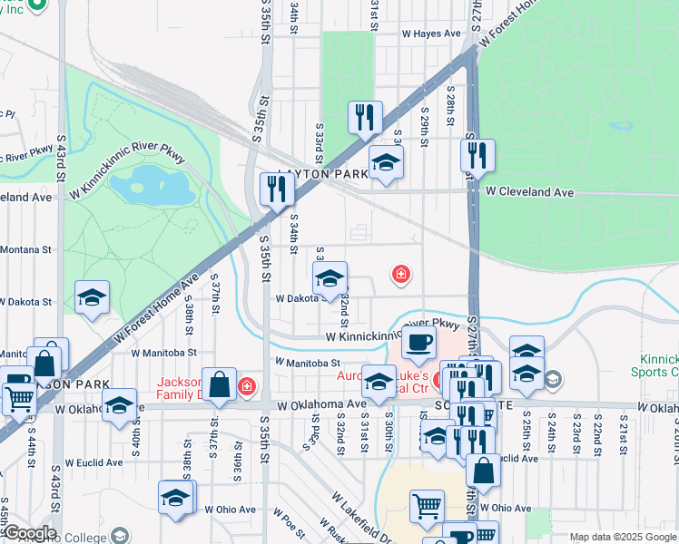 map of restaurants, bars, coffee shops, grocery stores, and more near 3180 West Dakota Street in Milwaukee