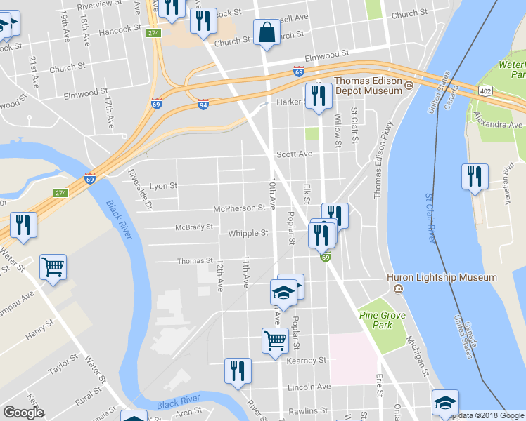 map of restaurants, bars, coffee shops, grocery stores, and more near 1434 McPherson Street in Port Huron