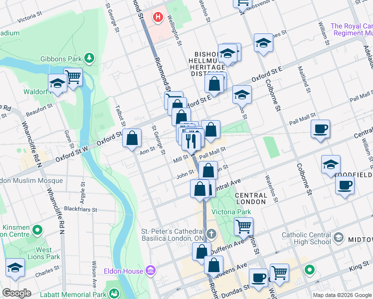 map of restaurants, bars, coffee shops, grocery stores, and more near 685 Richmond Street in London