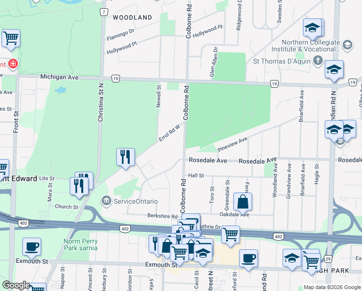 map of restaurants, bars, coffee shops, grocery stores, and more near 1025 Colborne Road in Sarnia
