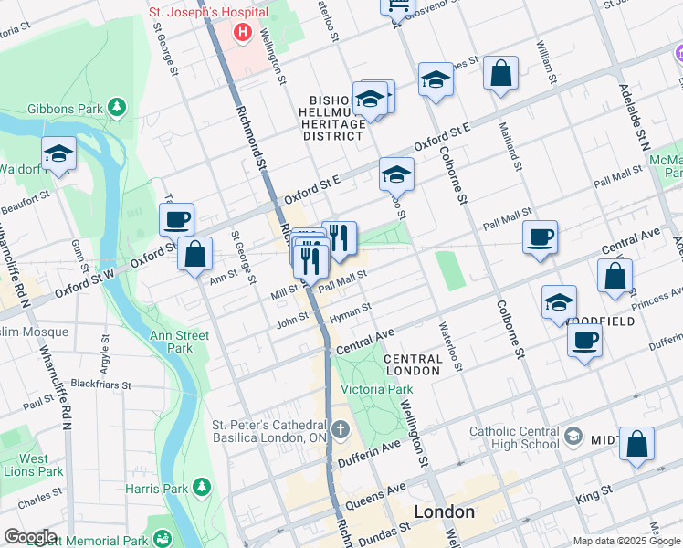 map of restaurants, bars, coffee shops, grocery stores, and more near 248 Pall Mall Street in London