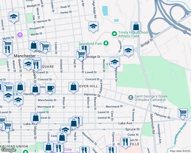 map of restaurants, bars, coffee shops, grocery stores, and more near 600 Beacon Street in Manchester