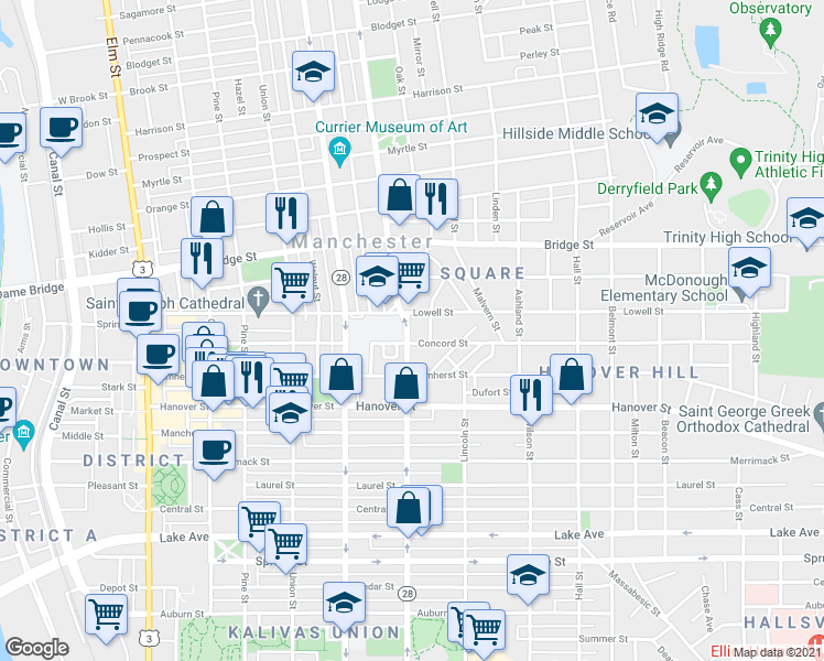 map of restaurants, bars, coffee shops, grocery stores, and more near 268 Concord Street in Manchester