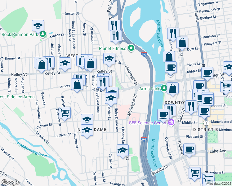 map of restaurants, bars, coffee shops, grocery stores, and more near 122 McGregor Street in Manchester