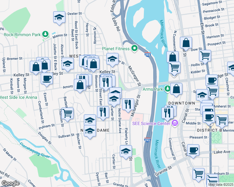 map of restaurants, bars, coffee shops, grocery stores, and more near 134 Amory Street in Manchester