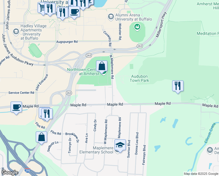 map of restaurants, bars, coffee shops, grocery stores, and more near 78 North Maplemere Road in Buffalo