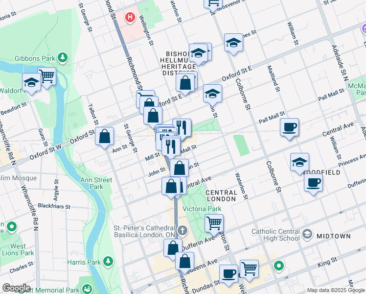 map of restaurants, bars, coffee shops, grocery stores, and more near 248 Pall Mall Street in London