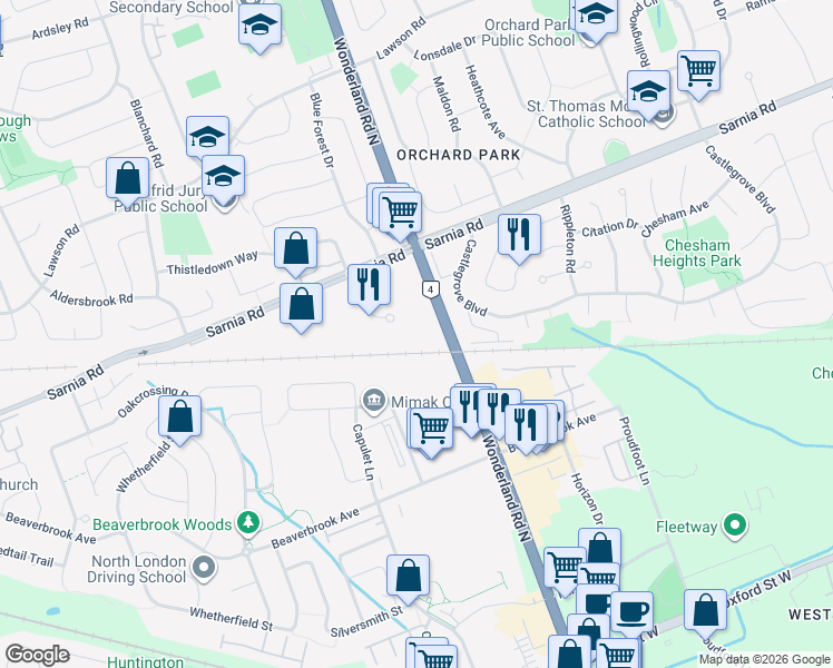 map of restaurants, bars, coffee shops, grocery stores, and more near in London