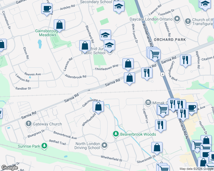 map of restaurants, bars, coffee shops, grocery stores, and more near 600 Sarnia Road in London