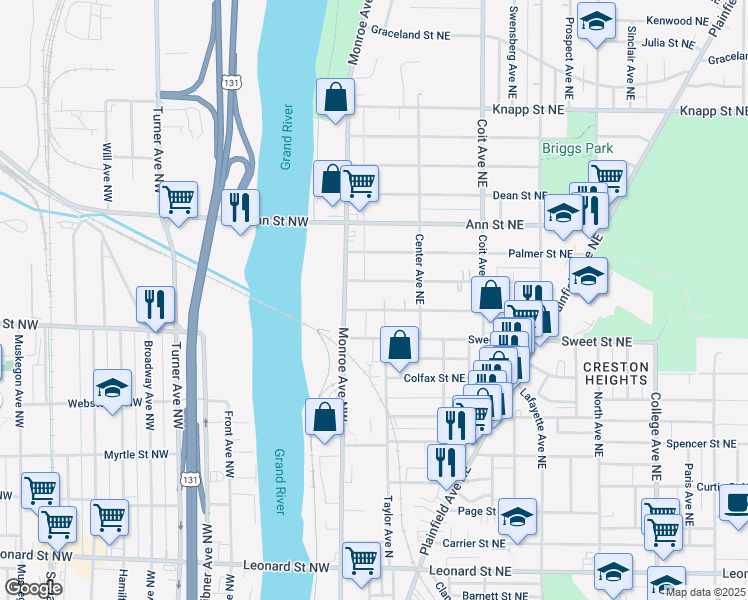 map of restaurants, bars, coffee shops, grocery stores, and more near 19 Dale Street Northwest in Grand Rapids