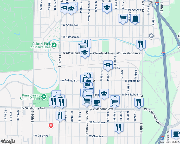 map of restaurants, bars, coffee shops, grocery stores, and more near 2828 South 13th Street in Milwaukee