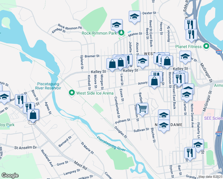 map of restaurants, bars, coffee shops, grocery stores, and more near 558 Amory Street in Manchester