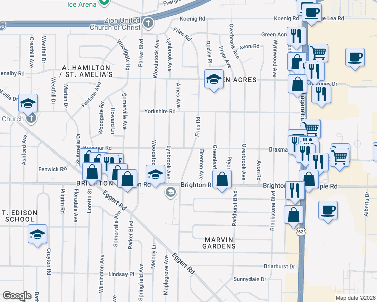map of restaurants, bars, coffee shops, grocery stores, and more near 450 Fries Road in Tonawanda