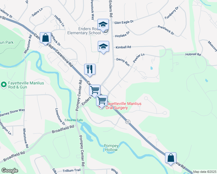map of restaurants, bars, coffee shops, grocery stores, and more near 4500 Pewter Lane in Manlius