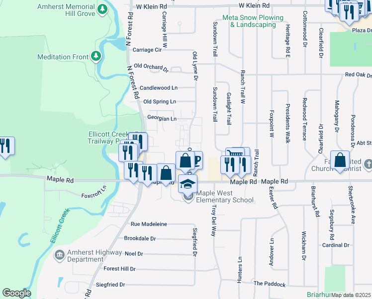 map of restaurants, bars, coffee shops, grocery stores, and more near 72 Old Lyme Drive in Buffalo