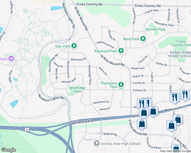 map of restaurants, bars, coffee shops, grocery stores, and more near 325 Westridge Parkway in Verona