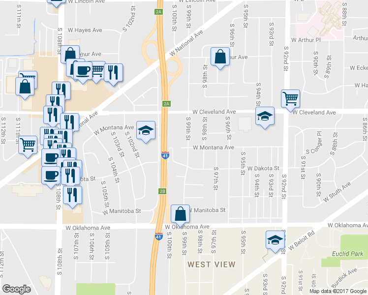 map of restaurants, bars, coffee shops, grocery stores, and more near 9905 West Montana Avenue in West Allis