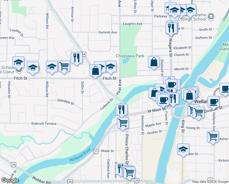 map of restaurants, bars, coffee shops, grocery stores, and more near 21 First Avenue in Welland