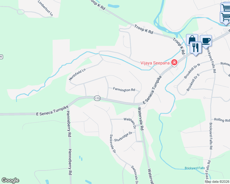 map of restaurants, bars, coffee shops, grocery stores, and more near 7648 Farmington Road in Manlius