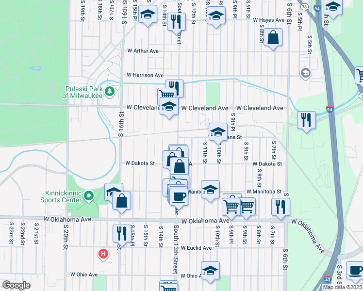 map of restaurants, bars, coffee shops, grocery stores, and more near 2828 South 13th Street in Milwaukee