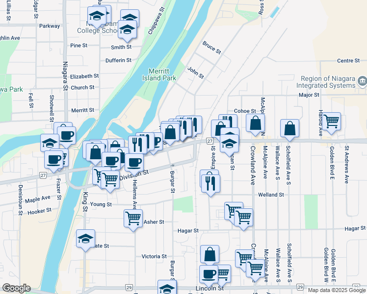 map of restaurants, bars, coffee shops, grocery stores, and more near 269 East Main Street in Welland