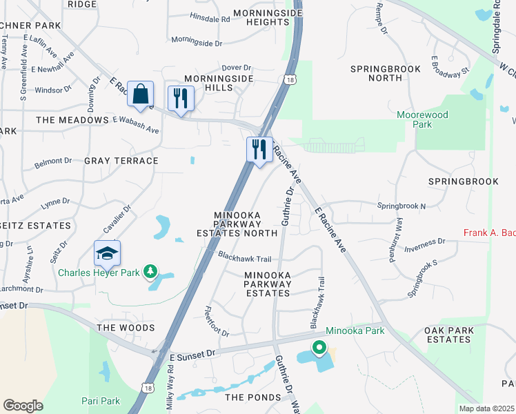 map of restaurants, bars, coffee shops, grocery stores, and more near 1003 Fleetfoot Drive in Waukesha