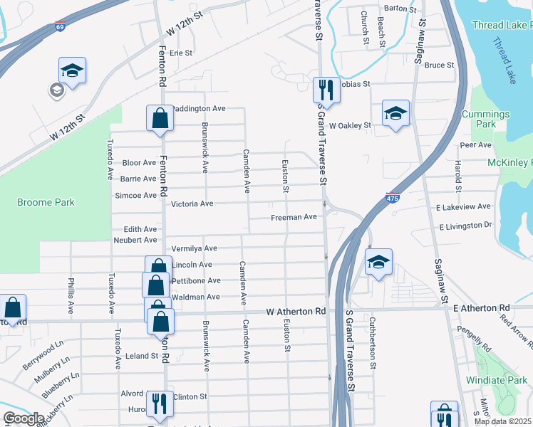 map of restaurants, bars, coffee shops, grocery stores, and more near 718 Freeman Avenue in Flint