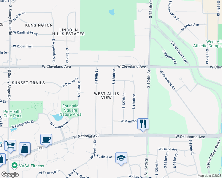 map of restaurants, bars, coffee shops, grocery stores, and more near 2825 South 128th Street in New Berlin
