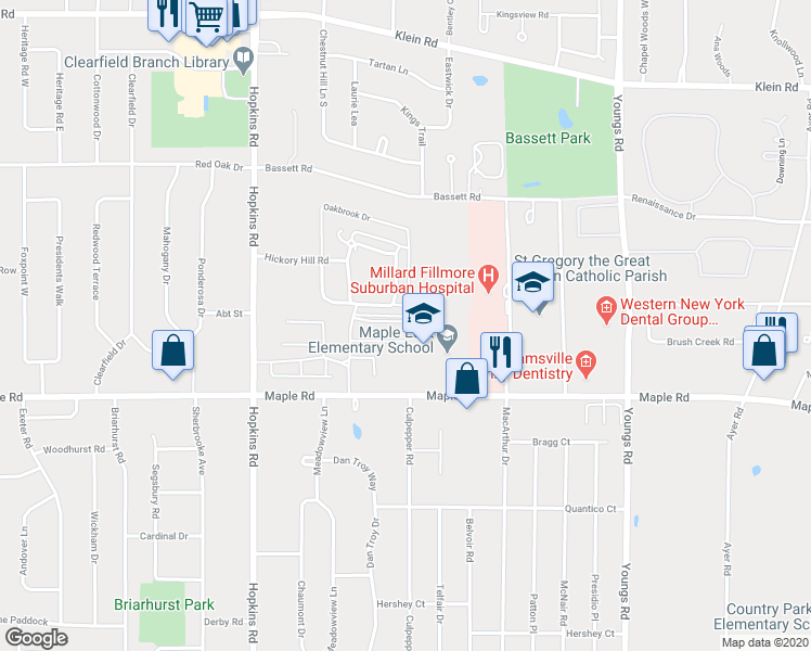 map of restaurants, bars, coffee shops, grocery stores, and more near 85 Oakbrook Drive in Buffalo