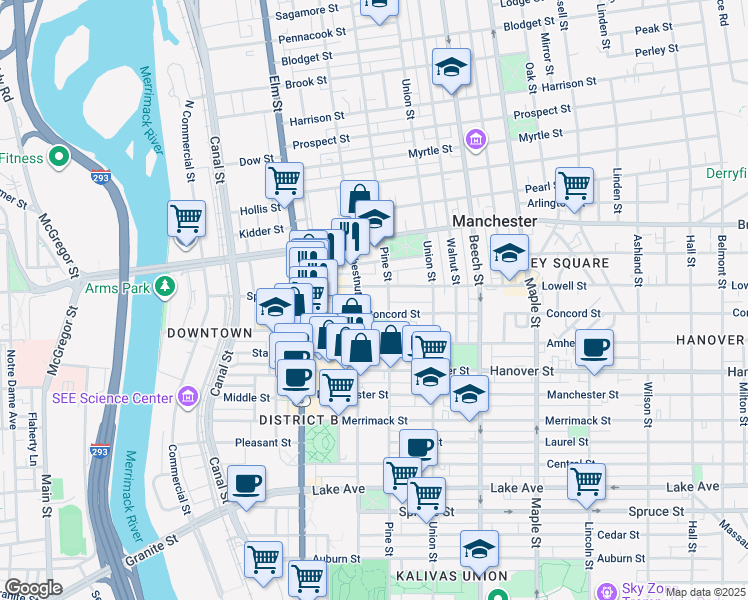 map of restaurants, bars, coffee shops, grocery stores, and more near 99 Lowell Street in Manchester
