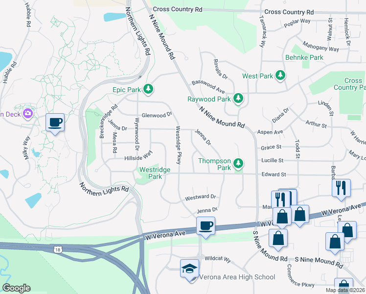 map of restaurants, bars, coffee shops, grocery stores, and more near 325 Westridge Parkway in Verona