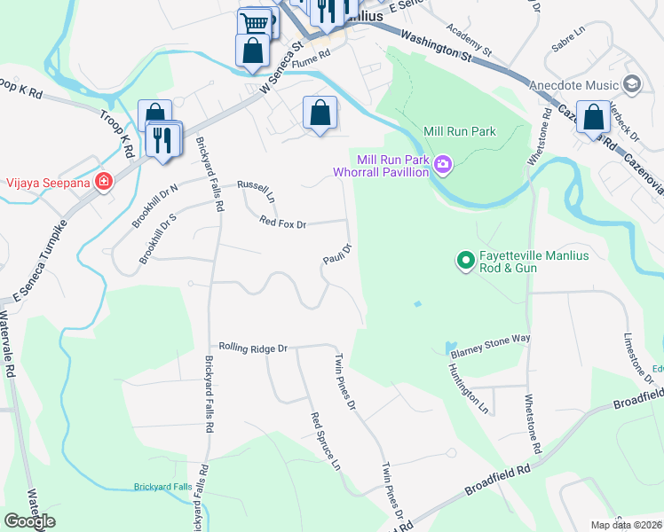 map of restaurants, bars, coffee shops, grocery stores, and more near 4594 Pauli Dr in Manlius