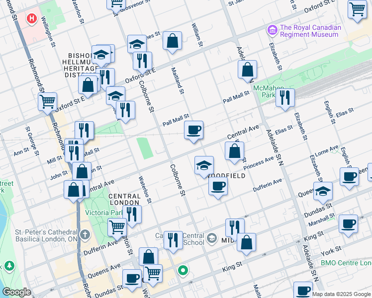 map of restaurants, bars, coffee shops, grocery stores, and more near 440 Central Avenue in London