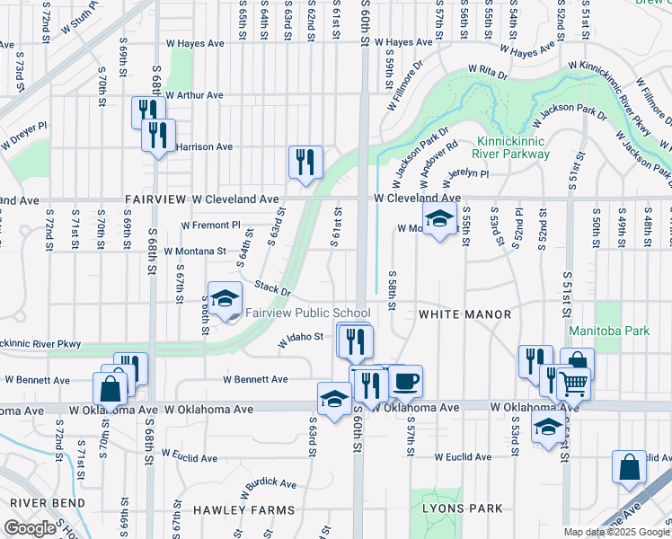 map of restaurants, bars, coffee shops, grocery stores, and more near 2830 South 61st Street in Milwaukee