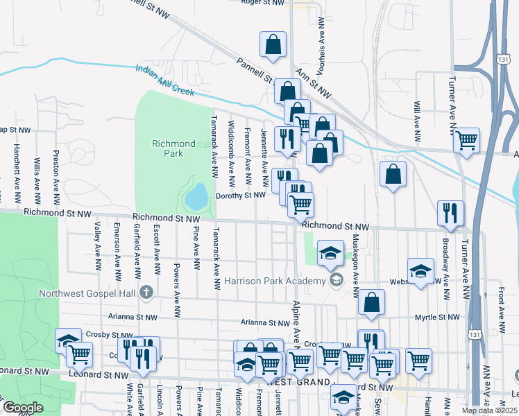 map of restaurants, bars, coffee shops, grocery stores, and more near 1616 Fremont Avenue Northwest in Grand Rapids