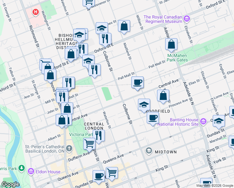 map of restaurants, bars, coffee shops, grocery stores, and more near 609 Colborne Street in London