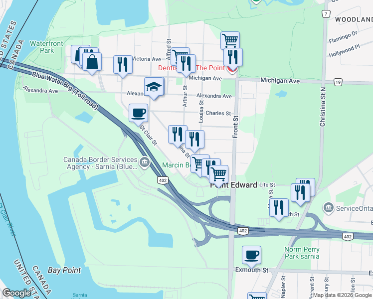 map of restaurants, bars, coffee shops, grocery stores, and more near 417 Helena Street in Point Edward