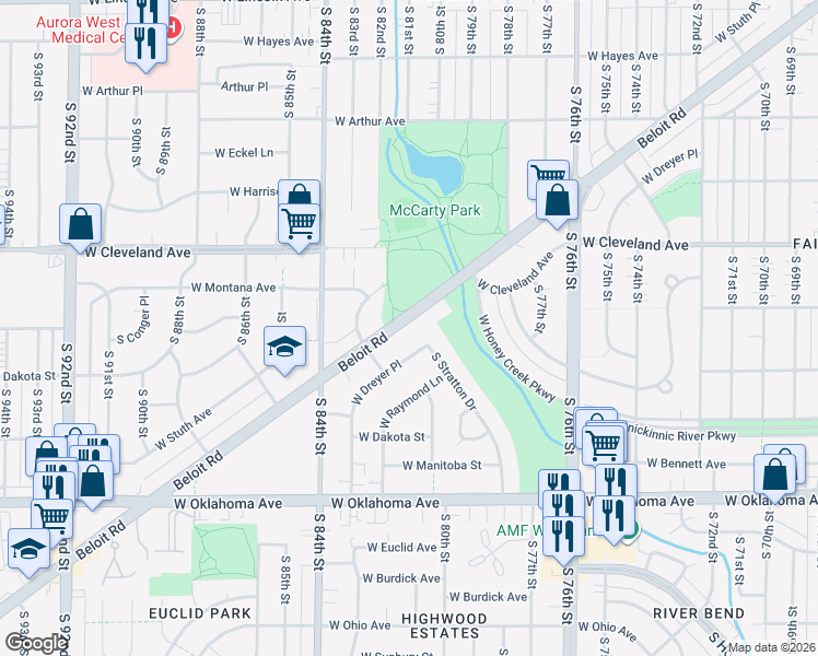 map of restaurants, bars, coffee shops, grocery stores, and more near 8133 Beloit Road in West Allis