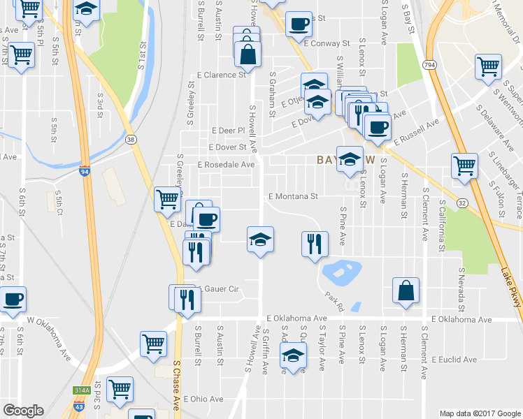 map of restaurants, bars, coffee shops, grocery stores, and more near South Howell Avenue & East Schiller Street in Milwaukee