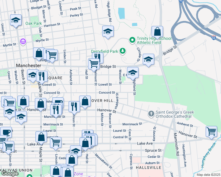 map of restaurants, bars, coffee shops, grocery stores, and more near 600 Beacon Street in Manchester
