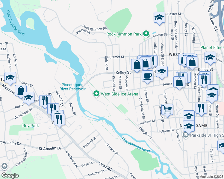 map of restaurants, bars, coffee shops, grocery stores, and more near 5 Kimball Street in Manchester