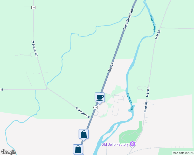 map of restaurants, bars, coffee shops, grocery stores, and more near 8678 Lake Street Road in Le Roy