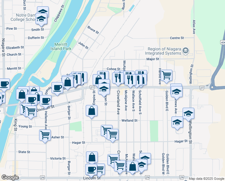 map of restaurants, bars, coffee shops, grocery stores, and more near in Welland