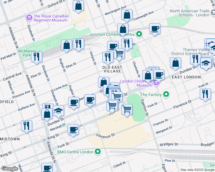 map of restaurants, bars, coffee shops, grocery stores, and more near 897 Queens Avenue in London