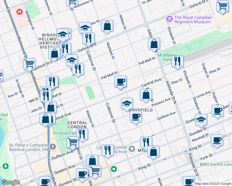 map of restaurants, bars, coffee shops, grocery stores, and more near 426 Central Avenue in London